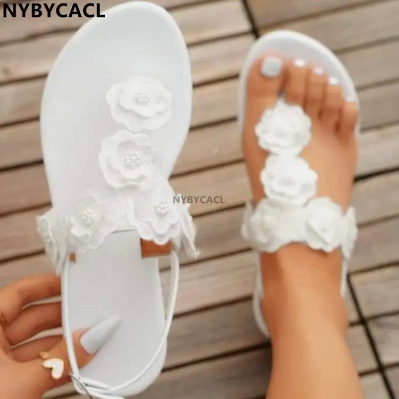 

Ladies Summer Handmade Bead Flower Round Toe Clip-on Leather Sandals Soft Non-slip Rubber Sole Beach Shoes Bohemian Style 42 43