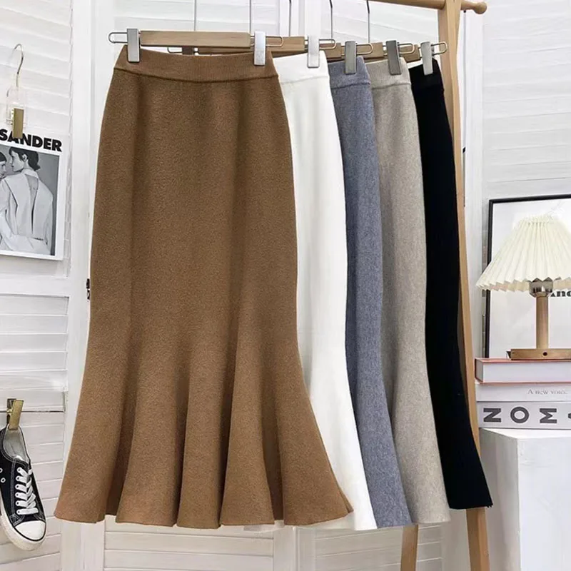 

Женская трикотажная юбка-годе, однотонная облегающая юбка средней длины с завышенной талией в французском ретро-стиле, Осень-зима