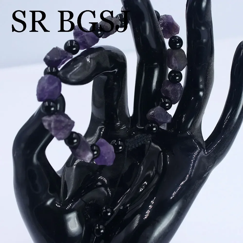 7-8 дюймов 10-11 мм вязаный натуральный необработанный аметист 6 черный обсидиан