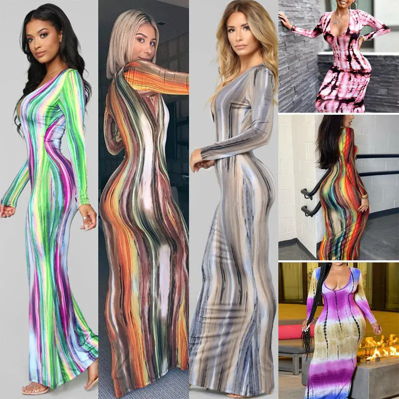

Spring and autumn new long skirt women's printed slim sexy long sleeved dress