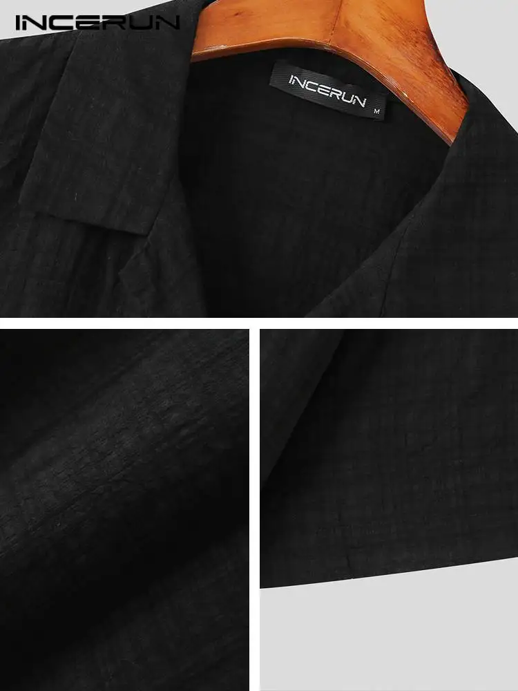 Fashion Well Fitting Tops INCERUN Handsome Men's Dark Grid Short-sleeved Blouse Casual Male Solid Simple Lapel Shirts S-5XL 2022
