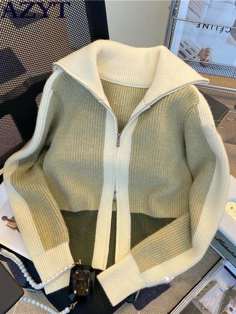 

AZYT Casual Zipper Women's Sweater Cardigan Korean Fashion Panelled Knitwear Female Jacket 2022 Spring Autumn Knit Cardigan