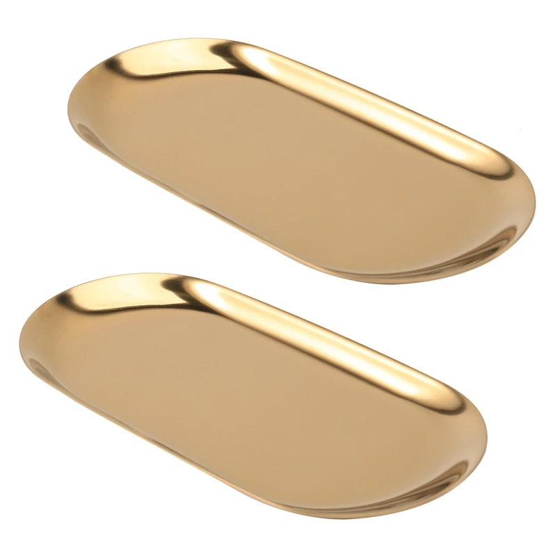 

2X Metal Storage Tray Gold Oval Dotted Fruit Plate Small Items Jewelry Display Tray Mirror