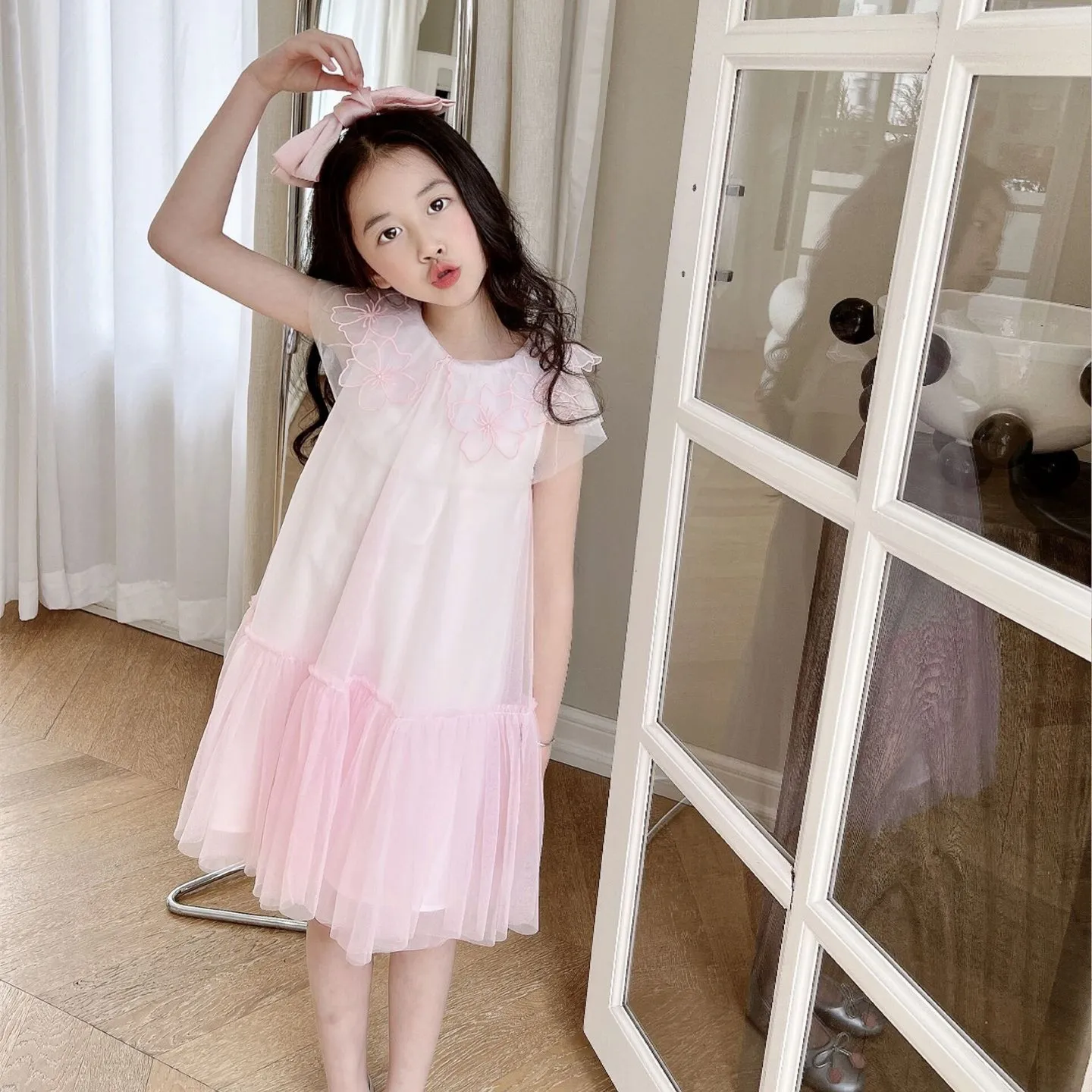 

2022 Children's princess dress embroidered floral pink colour mesh design kids dresses size 120-150