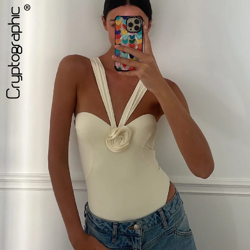 

Cryptographic Fashion Outfits Sexy Sleeveless Backless Bodysuits Elegant Floral Applique Tops Bodycon One Piece Slim Clothes