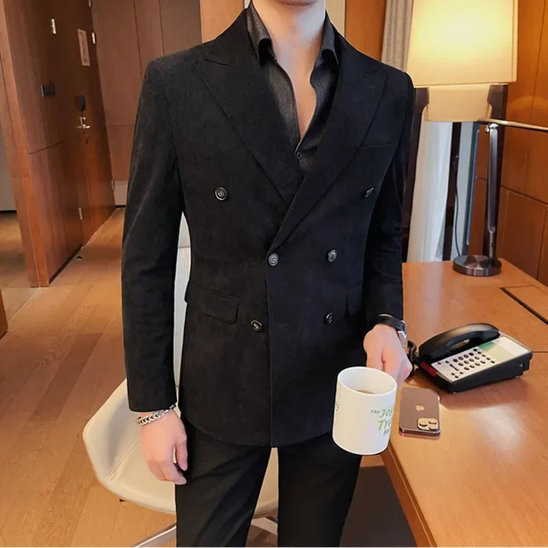 Мужской весенний двубортный деловой костюм/мужской облегающий вельветовый