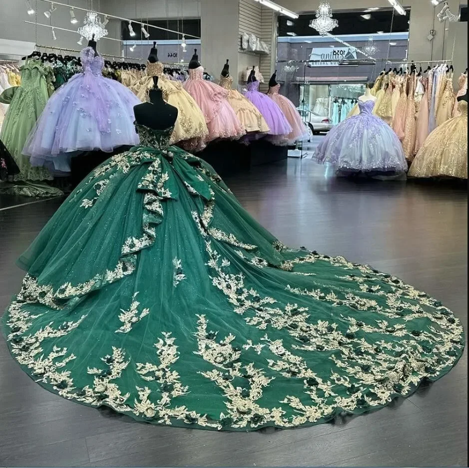

ANGELSBRIDEP темно-зеленые платья Quinceanera Золотая Кружевная аппликация со шлейфом милое 16-летнее платье на день рождения