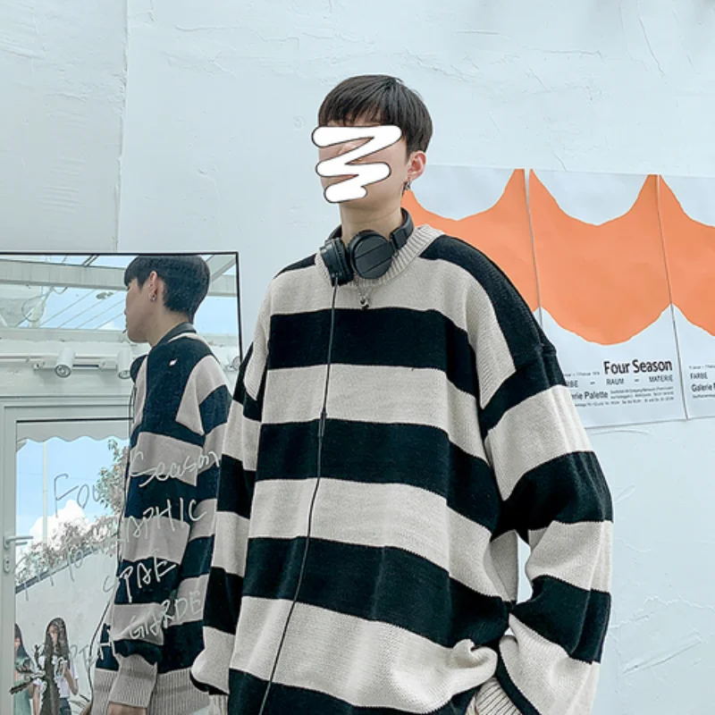 Sweaters Causal Street-wear Knitted Korean Version Harajuku All-match Simple Ins Couples Striped Oversized Vintage Pullovers Men