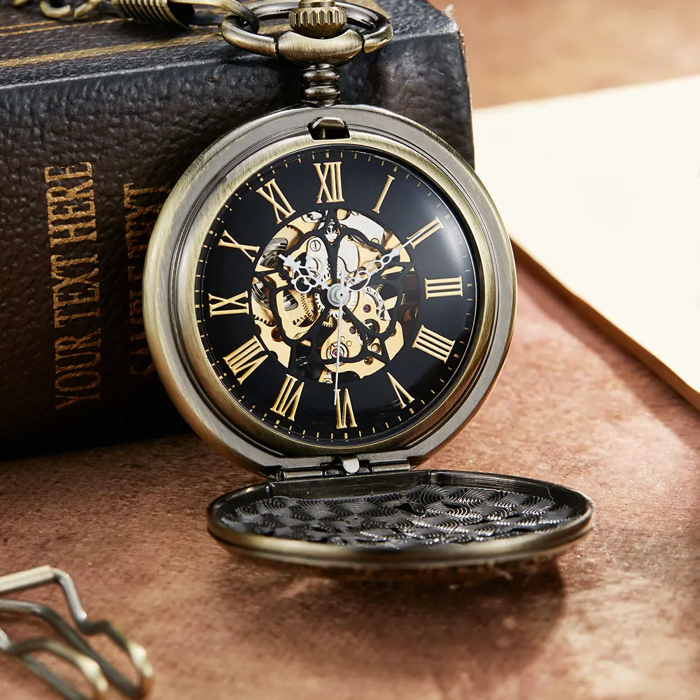 Dragon Retro Hollow Sculpture Mechanical Pocket Watch Chain Bronze Unique Skeleton Roman Dial Hand Wind Mechanical Pocket Watch