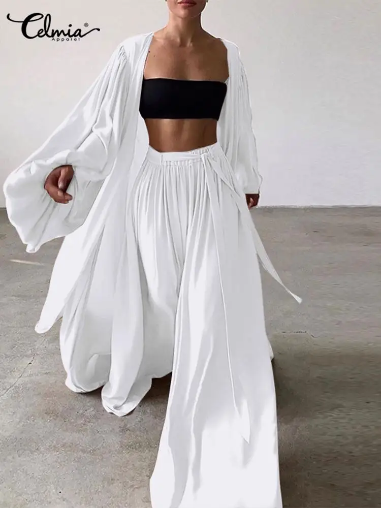 

Celmia Women Casual Loose Sets Long Puff Sleeve Cardigan Kimono and Elastic Waist Pant 2 PCS Outfit Baggy 2022 Fashion Pant Sets