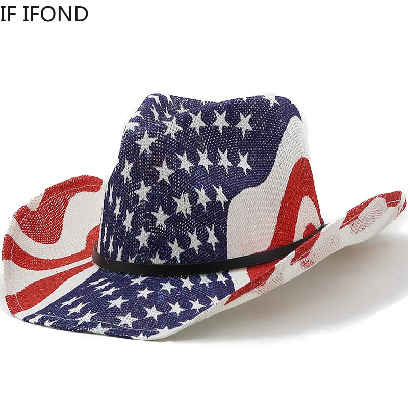 

Retro Women's Men's Western Cowgirl Cowboy Hat Summer USA Flag Straw Hats Hollow Out Beach Jazz Sun Hat Sombreros De Mujer