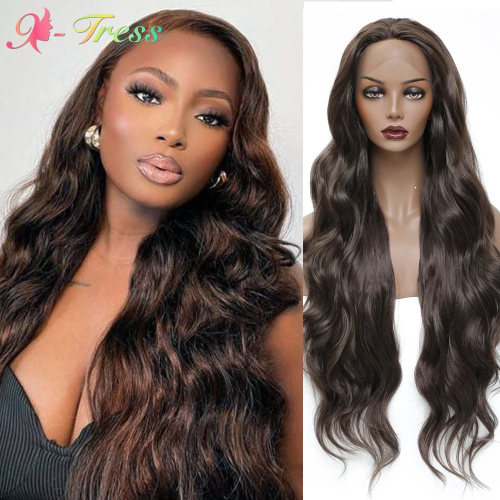 

X-TRESS 13X3 Synthetic Lace Frontal Wig 28 Inch Light Brown Soft Body Wavy Hairstyles Free Part Lace Front Wigs For Black Women