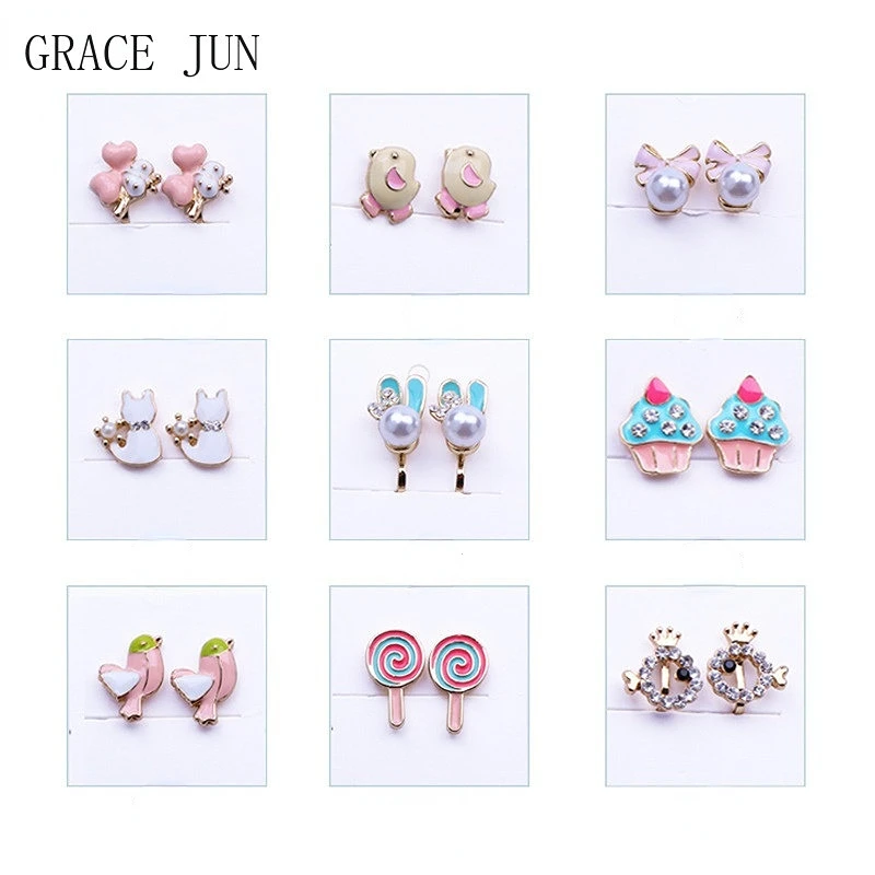 GRACE JUN Cute Cartoon Animal Gold Color Clip on Earrings for Girls Fashion Enamel Pearl Flower Fish Cuff Ear Clip Wholesale