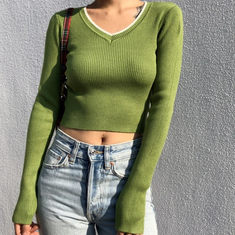 

2021 Autumn Cropped Tops Sexy V-neck Retro Long Sleeve T-shirts Fashion Knitewear Elegant Solid Color Streetwear Women's Clothes