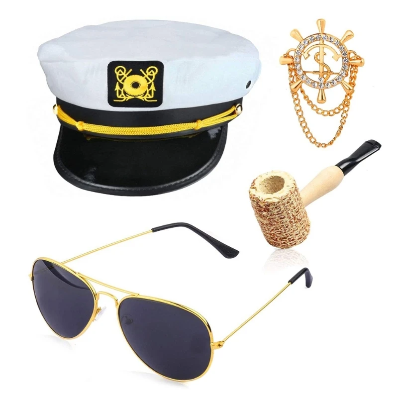 

Yacht Captain Hat Aviator-Sunglasses Sailor Hat Boat Captain Hat Gloves Captain Prop Halloween Cosplay Costume Accessory DXAA