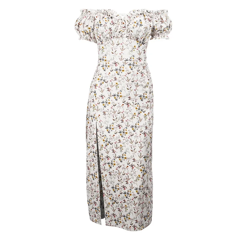 Женское летнее платье с цветочным принтом и открытыми плечами |