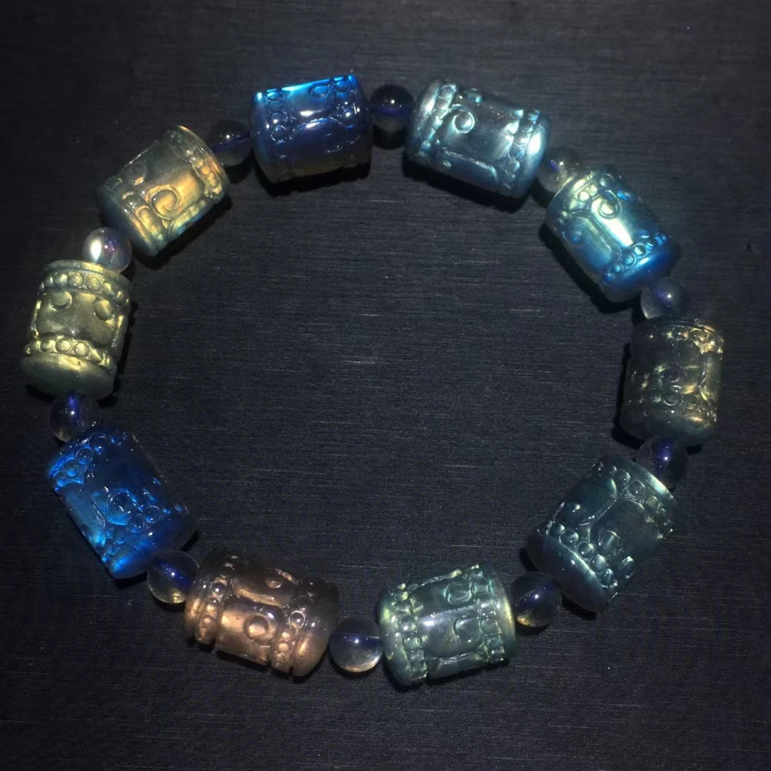 

Natural Colorful Labradorite Clear Carved Beads Bracelet 15x10.7mm Blue Labradorite Women Men Grey Moonstone AAAAAAA