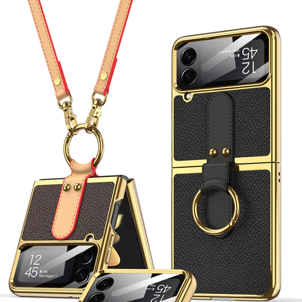 

Crossbody Strap Real Leather Plating Edge Phone Case For Samsung Galaxy Z Flip 4 Glass Screen Protection Cover With Ring Bracket