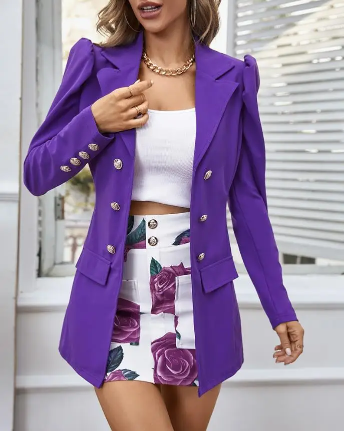 

Elegant Blazer & Mini Floral Print Skirt Set Button Pocket Puff Sleeve Double Breaste Design Daily Work Lady Women's Skirts Sets