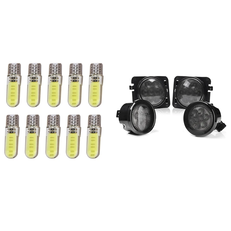 

10Pcs T10 W5W Side Parking Dome Lamp With 4Pcs LED Turn Signal+ Side Marker Fender Lights For Jeep Wrangler JK 07-1