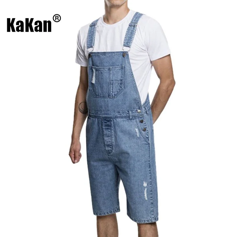 Kakan - European and American New Vintage Perforated Capris Sling Jeans for Men, Light Blue Black Strap One Piece Jeans K34-0025