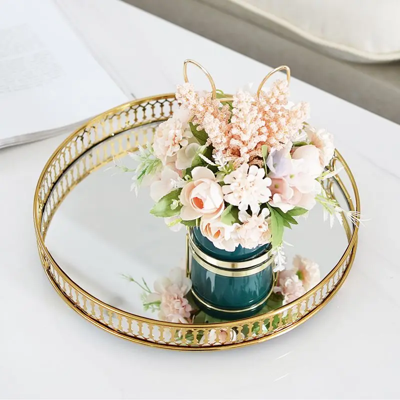 

Nordic light luxury mirror glass plate metal storage tray decoration home living room decoration fruit plate