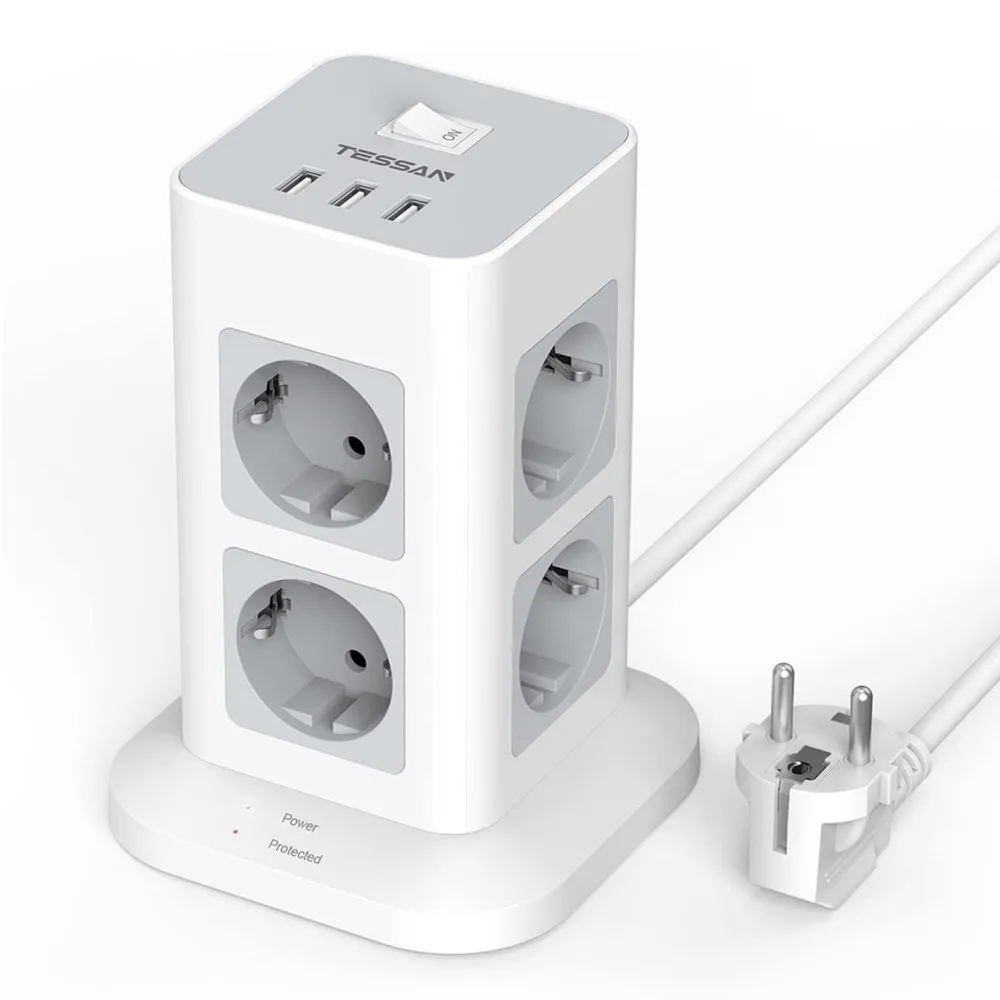 

Удлинитель электрический вертикальный с 8 евророзетками и 3 USB-портами, 2 м