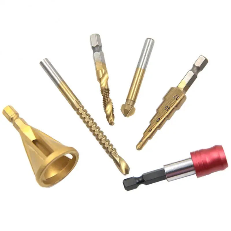 

6pcs HSS Drill Bits Set Titanium Coated Step Drill Deburring External Chamfer Remove Burr Screw Holder Punching Slotting Metal