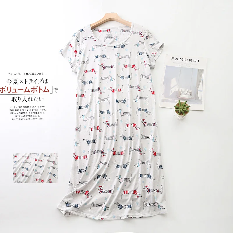 Summer Sleepwear For Women Short Sleeve Pyjama Women's Cotton Soft Fashion Home Long Sweet NEW Cartoon Dress Big Size