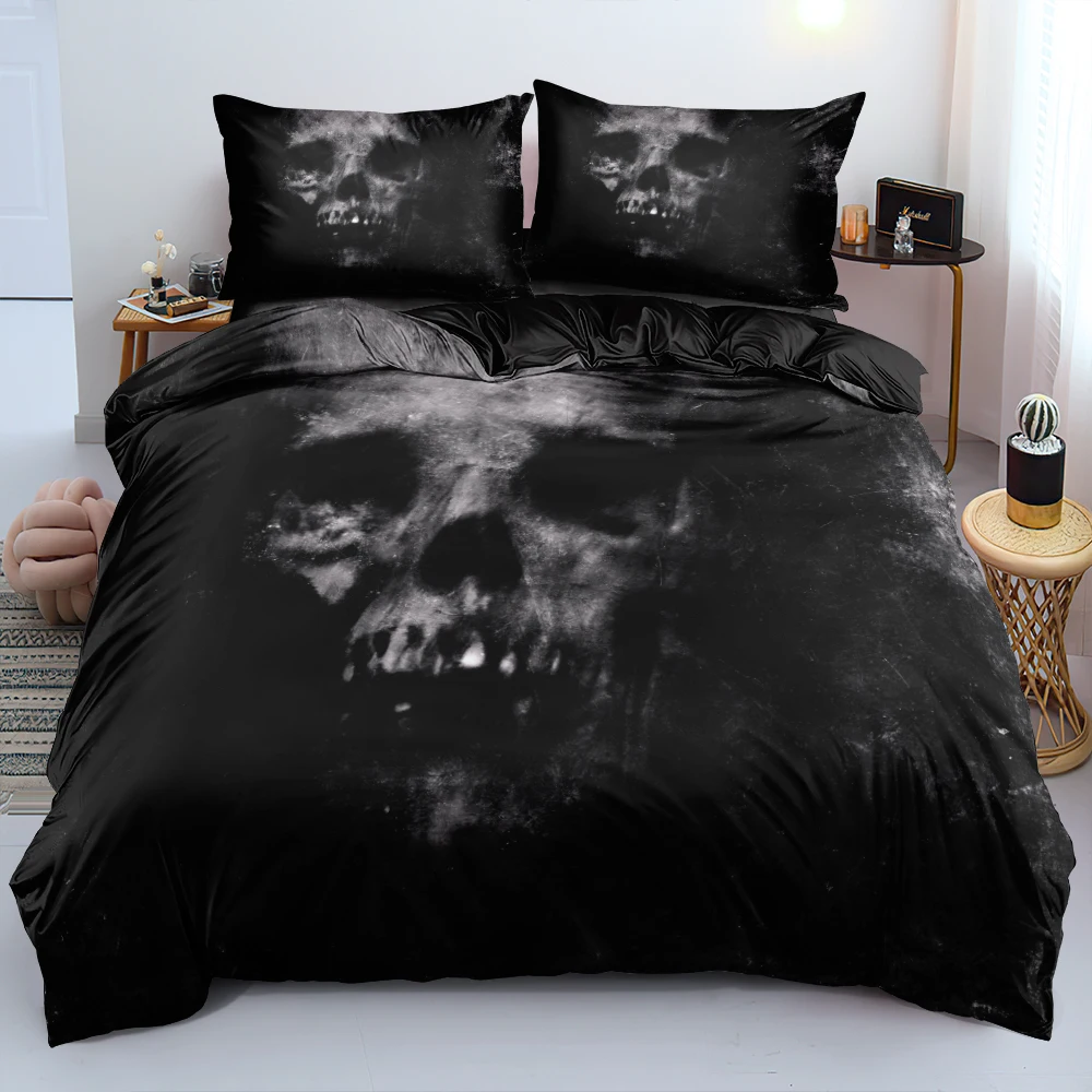 

Horror Black Skull Bedding Sets Boy Bed Linen Classic Skeleton Duvet Cover Set 220x240cm Bedclothes with Pillowcases For Bedroom