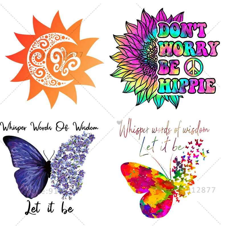 DIY Ready to Press on Garment Colorful let it Be Wisdom Butterfly Bees Floral Printed T-Shirt Heat Transfer patches for clothing