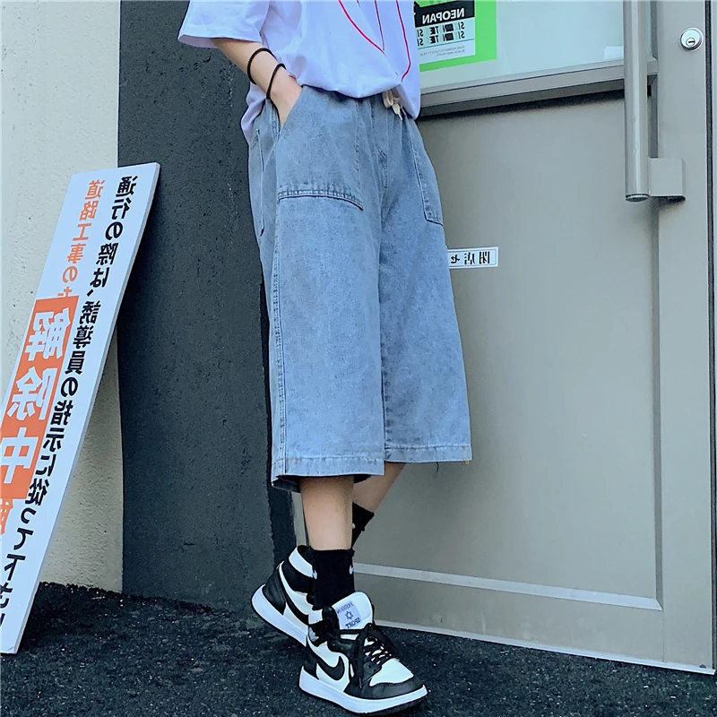 Men Hip-hop Harajuku Seven-point Jeans vintage Wide Leg Seven-point Pants Work With Casual Pants Women Straight Denim Shorts