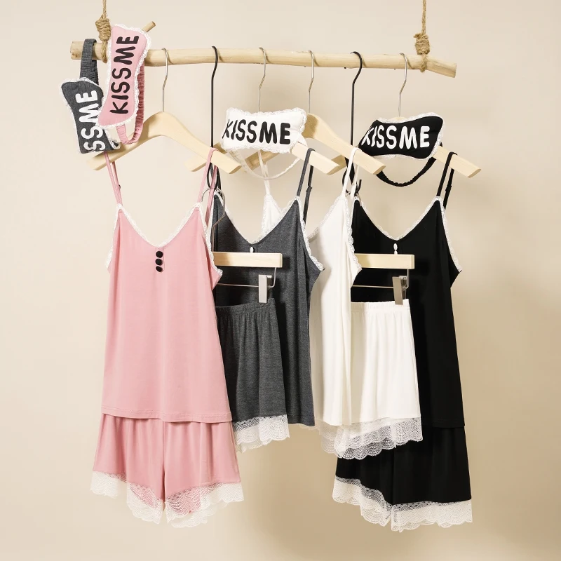 

V-Neck Sling Tops + Lace Short Pants + Eye Mask Pajama Sets New Summer Clothes For Women Pajamas Modal Vest Suit Nightwear