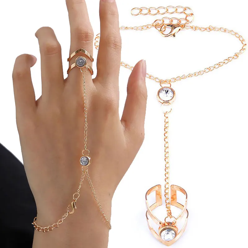 

1PCS Bohemia Metal Finger Ring Link Bracelet with Crystal Women Girls Summer Slave Conjoined Bracelet Hand Back Chain Jewelry