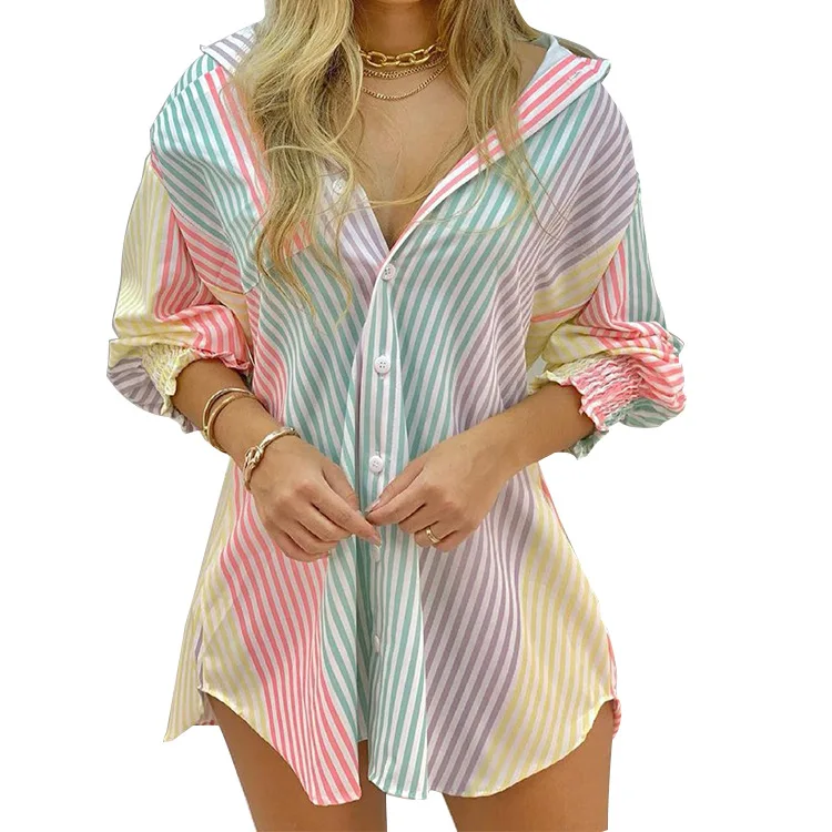 

Women's Elegant Blouse Girl Casual Shirt Striped 2022 Spring/Summer Single Breasted Striped Shirt Top S-XXXL