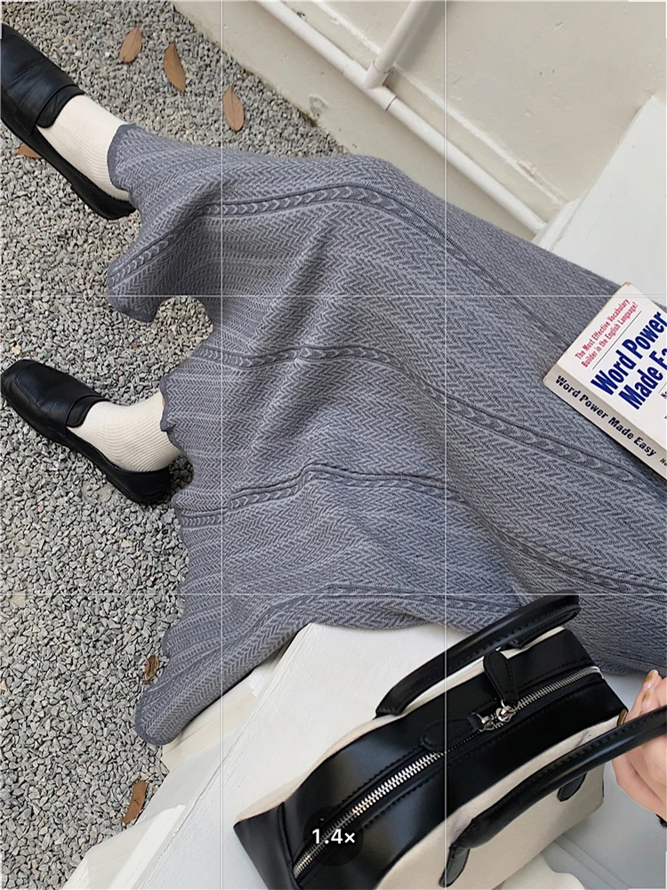 

Women Autumn Winter Skirt 2022 New Vintage Style High Waist Slim Medium Long Large Hem A-line Knitted Temperament Skirt D2276