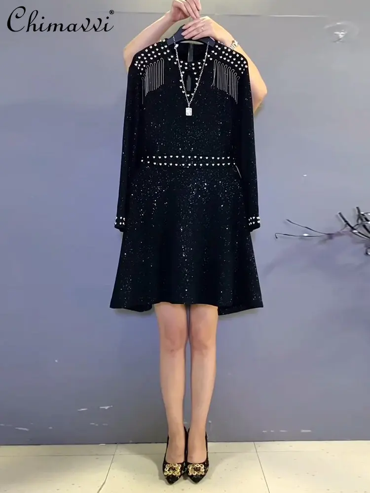 

French Oversized Women's Clothing Hepburn Style Graceful Fashion Black Dress High Waist Mid-Length Slim Fit Tassel Hollow Dress