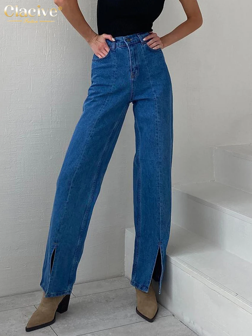 

Clacive Elegant Slim Slit Jeans Woman Fashion High Waist Office Lady Straight Pants Casual Full Length Trousers Female Clothing