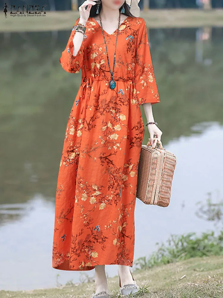 Купи ZANZEA Floral Printed Elegant Long Dress 3/4 Sleeve Women Breathable Cotton Linen Robes Holiday Casual Loose Leisure Maxi Dress за 977 рублей в магазине AliExpress