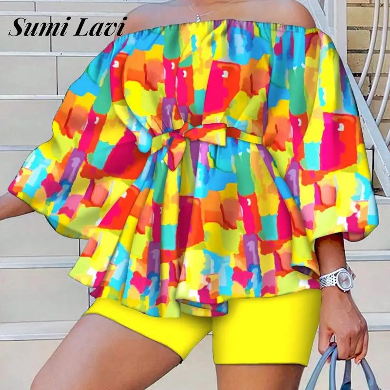 

Summer Women Shorts Two Piece Set Casual One Shoulder Bubble Sleeve Tops And Tight Shorts Set Vintage Pattern Print Lace-up Sets