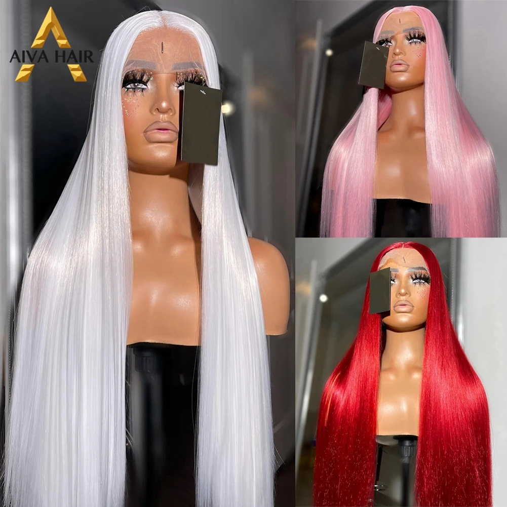 

30Inch Straight Synthetic Ginger White Wig Pre Plucked Blue Red Green Color 13x4 Lace Front Drag Queen Cosplay Wigs For Women