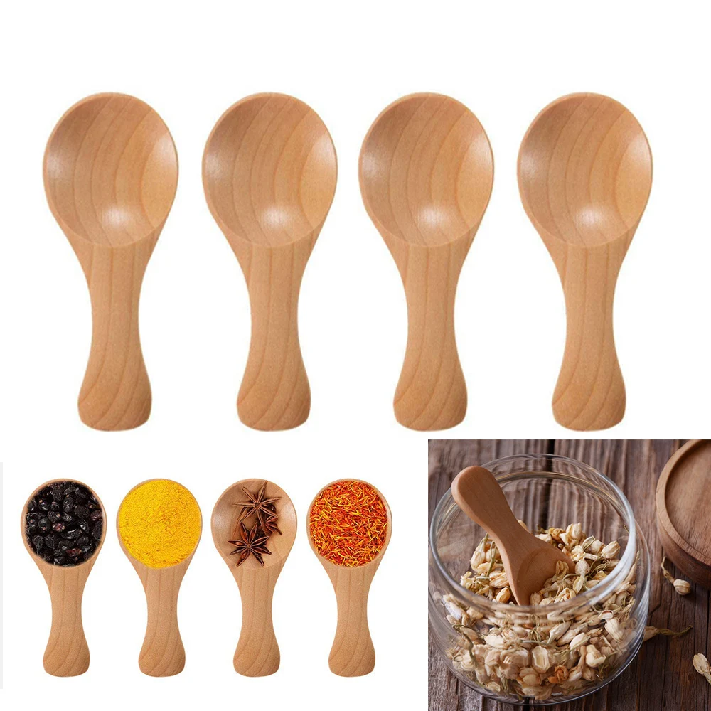 

4Pcs Mini Wooden Spoons Small Kitchen Spice Condiment Spoon Sugar Tea Coffee Scoop Short Handle Wood Kids Spoon Kitchen Gadgets
