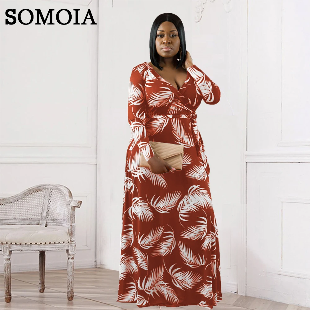 

SOMOIA XL-5XL Plus Size Dresses Elegant Maple Print V-Neck Long Sleeve Dress Fashion High Waist Dress Wholesale Dropshipping