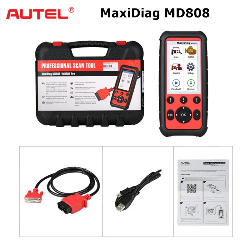 Автосканер Autel MaxiDiag MD808 Pro для всех систем (MD802 ALL+MaxicheckPro) с бесплатными онлайн-обновлениями на всю жизнь.