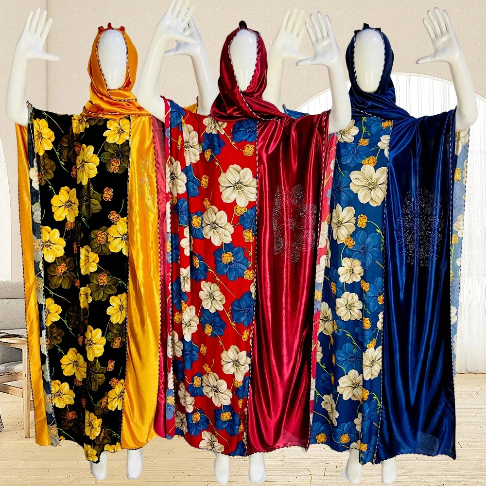 

Summer Kaftan Floral Print Women Maxi Dress Muslim Abaya Arab Robe African Dashiki Dubai Turkey Caftan Gown with Scarf Dresses