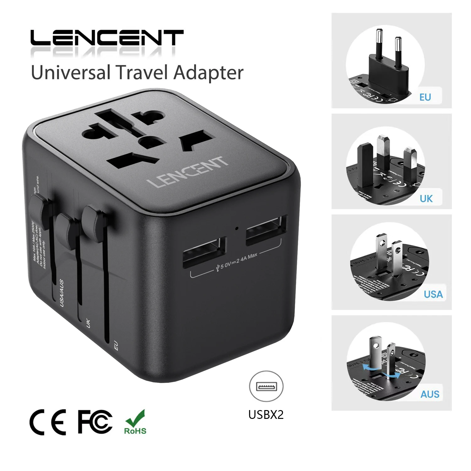 

Универсальный дорожный адаптер LENCENT с 2 USB-портами, универсальное зарядное устройство для путешествий по всему миру, адаптер питания с вилко...