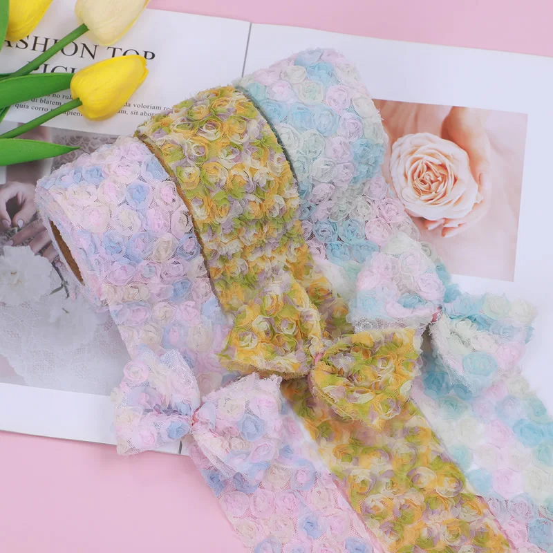 

5yards 60mm Rose Ribbon Wide Bilateral Handicrafts Embroidered Net Lace Trim Ribbon Wedding/Birthday/Christmas/Bow Decorations