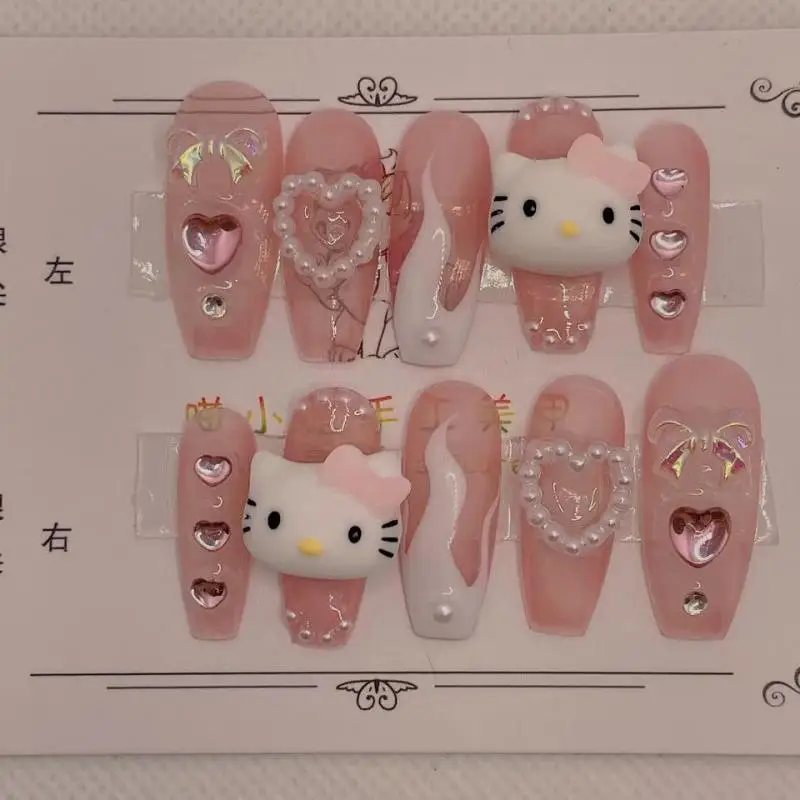 Sanrio Hellokitty Mymelody Kuromi Cinnamoroll New Cartoon Doll Handmade 3D Nail Stickers Girl Heart Wearable Nail Stickers