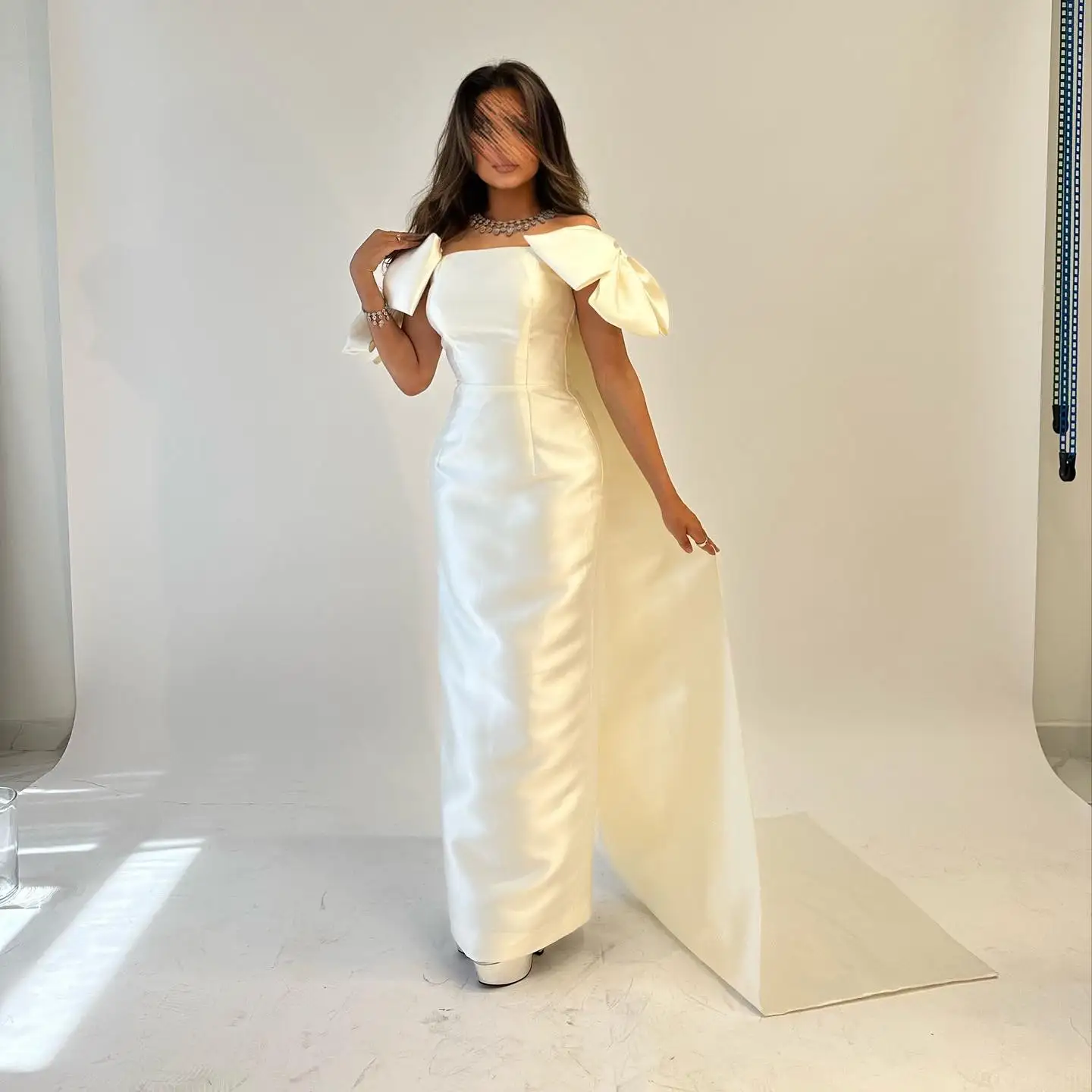 

OEING Off Shoulder Luxury Formal Evening Dresses Sheath Bow Sleeves فساتين سهرة Floor Length Elegant Prom Growns Party Women