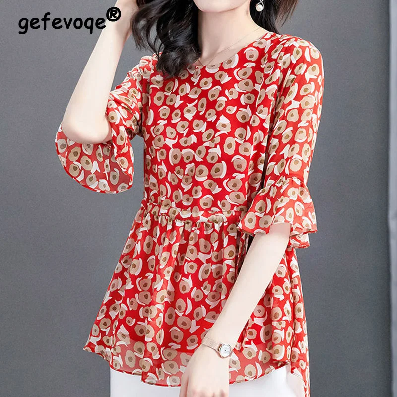 

Elegant Fashion Printing Chiffon Shirt Summer 2022 Streetwear O-Neck Half Butterfly Sleeve Loose Pullover Blouse Women's Clothes